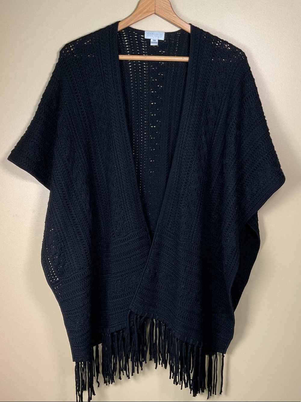 Carlisle Black Open-Front Knit Poncho with Fringe